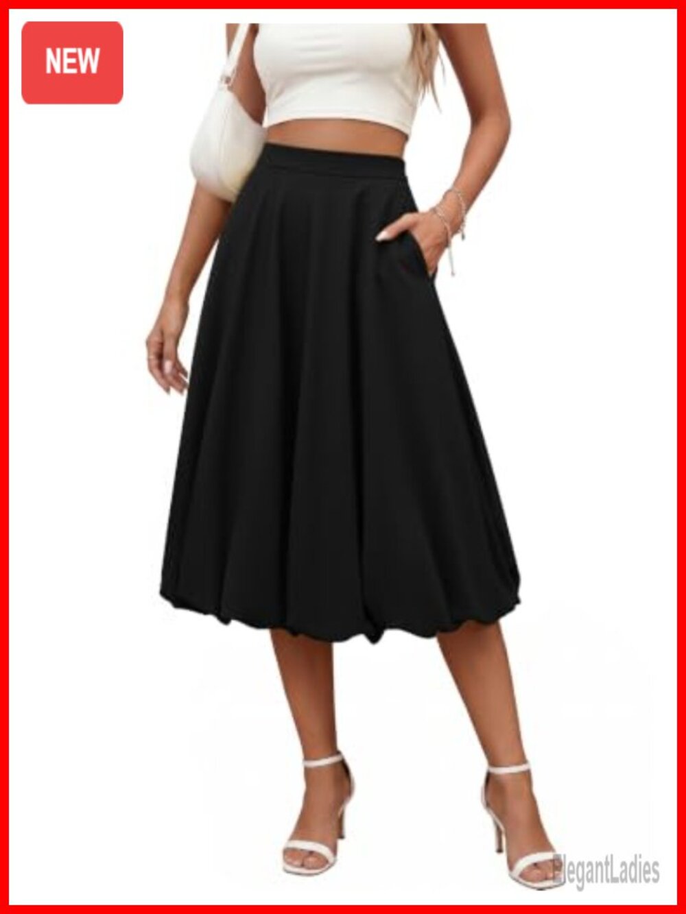 Women Midi Bubble Skirt 100% Polyester Elastic Waist Pockets